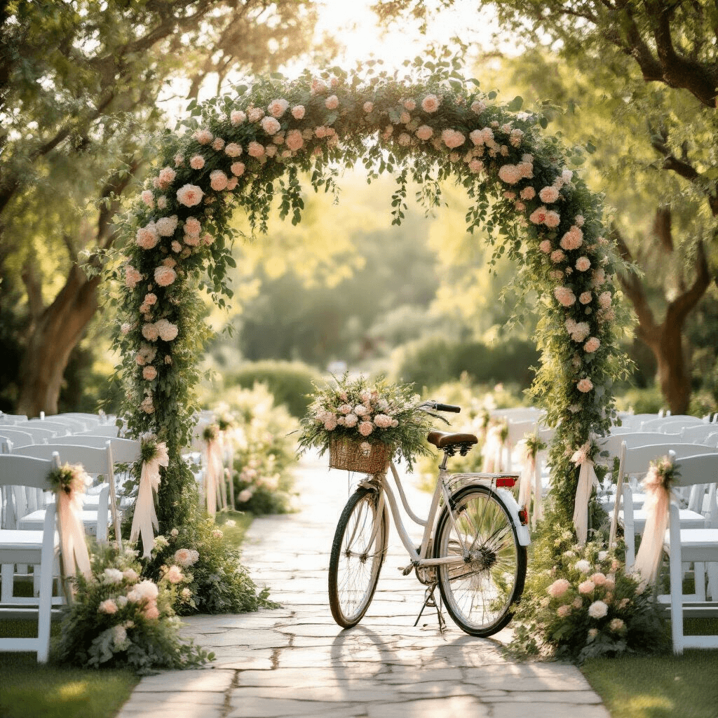 A sunlit garden wedding ceremony featuring an ornate floral arch with cascading eucalyptus and blush roses, rows of white chairs decorated with ribbons and greenery, a vintage bicycle overflowing with wildflowers, and soft golden hour light creating a romantic atmosphere.