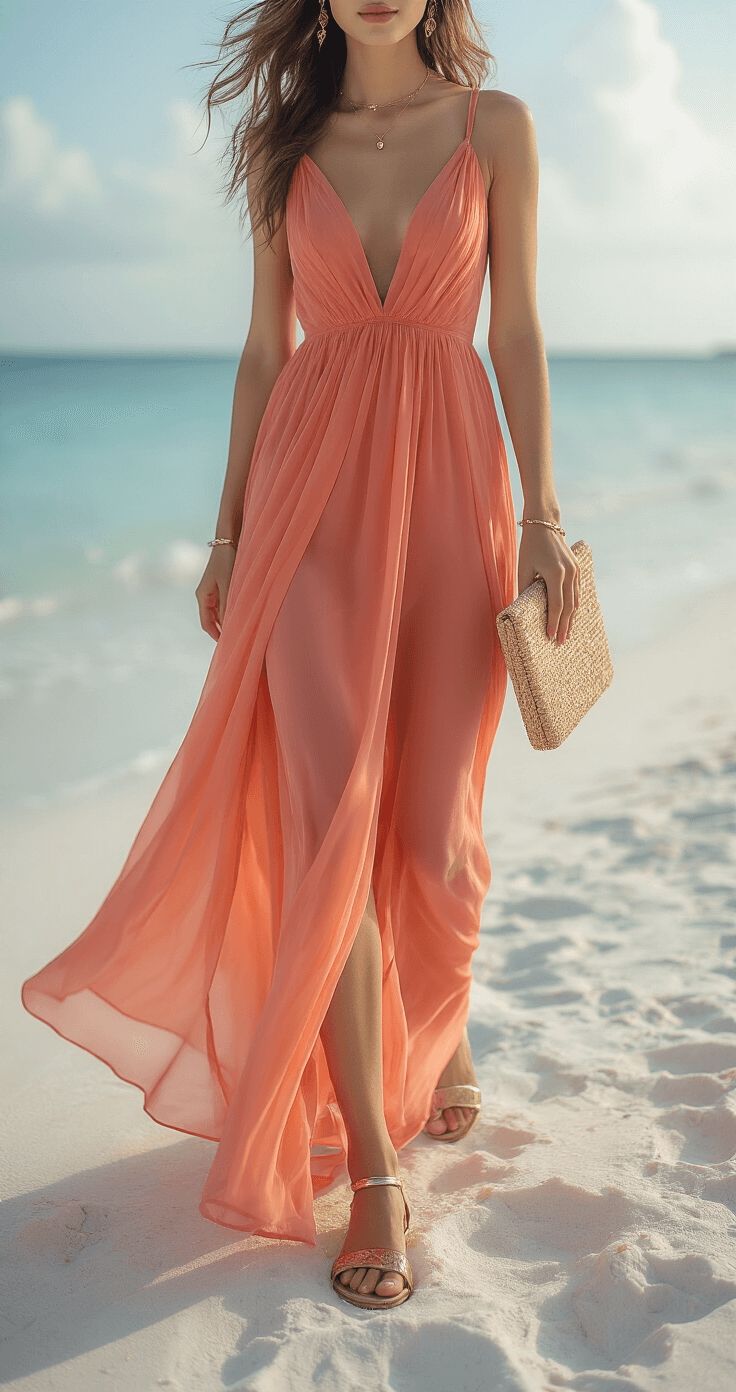 Bridal figure in a flowing coral chiffon maxi dress with a side slit, captured mid-stride on white sand at a beachfront wedding; the dress billows in the sea breeze, paired with metallic flat sandals and a straw clutch with gold accents, all set against a softly lit beach backdrop.