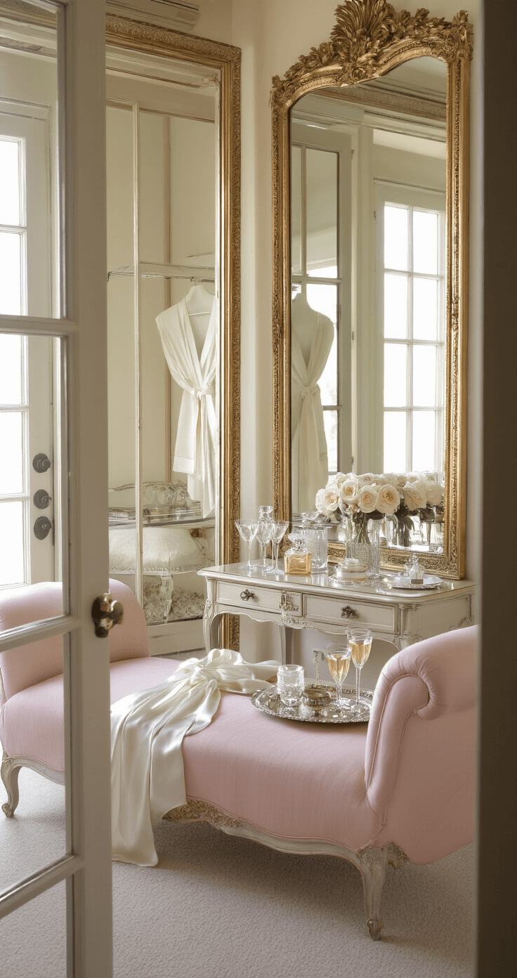 An elegant bridal suite with floor-length mirrors, a blush pink chaise lounge, a vintage vanity, and soft natural lighting, creating an intimate setting for getting ready.