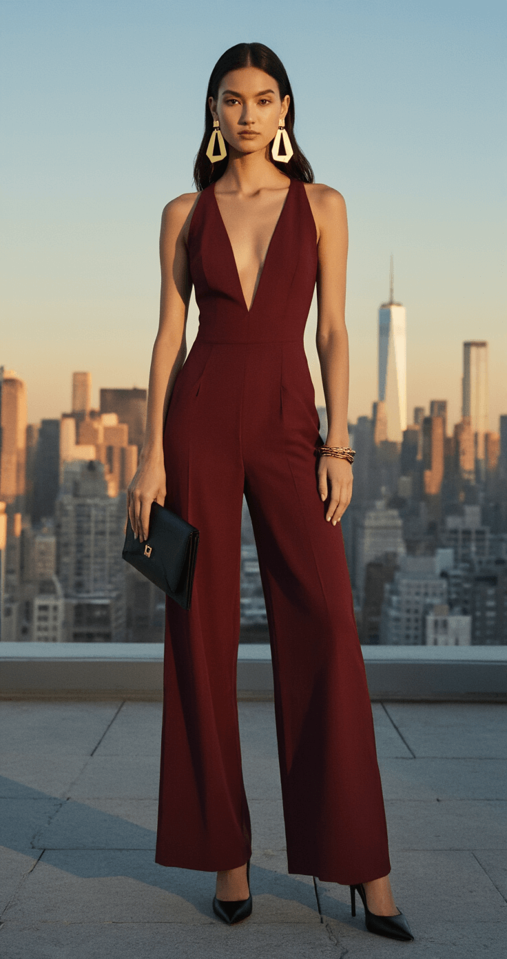 A model wearing a structured burgundy jumpsuit with a plunging neckline and wide-leg silhouette stands against a city skyline at sunset, accessorized with gold geometric earrings, stackable bracelets, black pointed pumps, and a black leather envelope clutch, captured with dramatic backlighting.