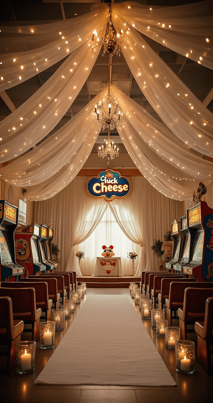 A whimsical wedding venue inside a transformed Chuck E. Cheese restaurant, featuring soft tulle draping, twinkle lights, and arcade games casting playful shadows, with an aisle of crystal vessels, an animatronic stage as an altar, and a nostalgic atmosphere bathed in warm ambient light.
