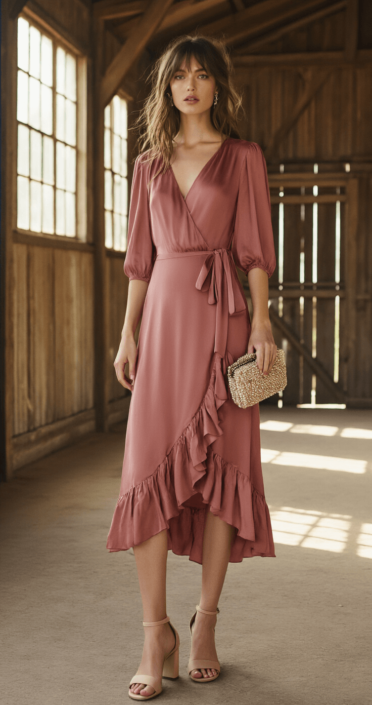 A bride in a dusty rose silk-blend wrap dress with ruffled hem and blouson sleeves stands in a rustic barn, bathed in soft natural light from the windows. She pairs her look with nude block heel sandals and a vintage-inspired beaded clutch, set against the romantic wedding venue.