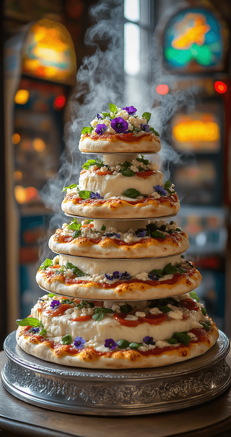 Close-up of a 4-tier pizza cake on a silver stand, surrounded by vintage arcade cabinets. Natural light highlights steam from fresh mozzarella and garnishes of edible flowers and micro-basil.