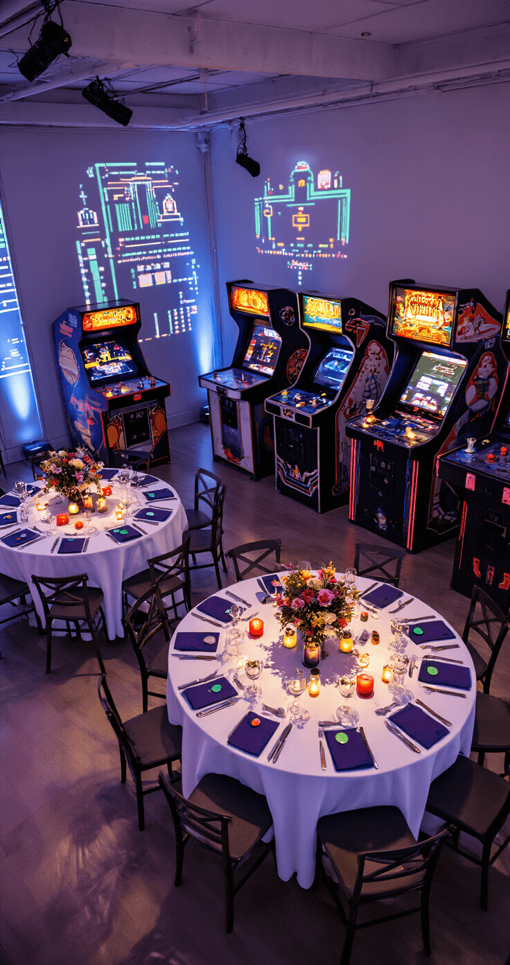 Wide-angle view of a transformed game room reception with vintage arcade cabinets, white linen-draped tables adorned with floral and game token centerpieces, and a dance floor featuring classic arcade graphics projection, captured at dusk with mixed lighting.
