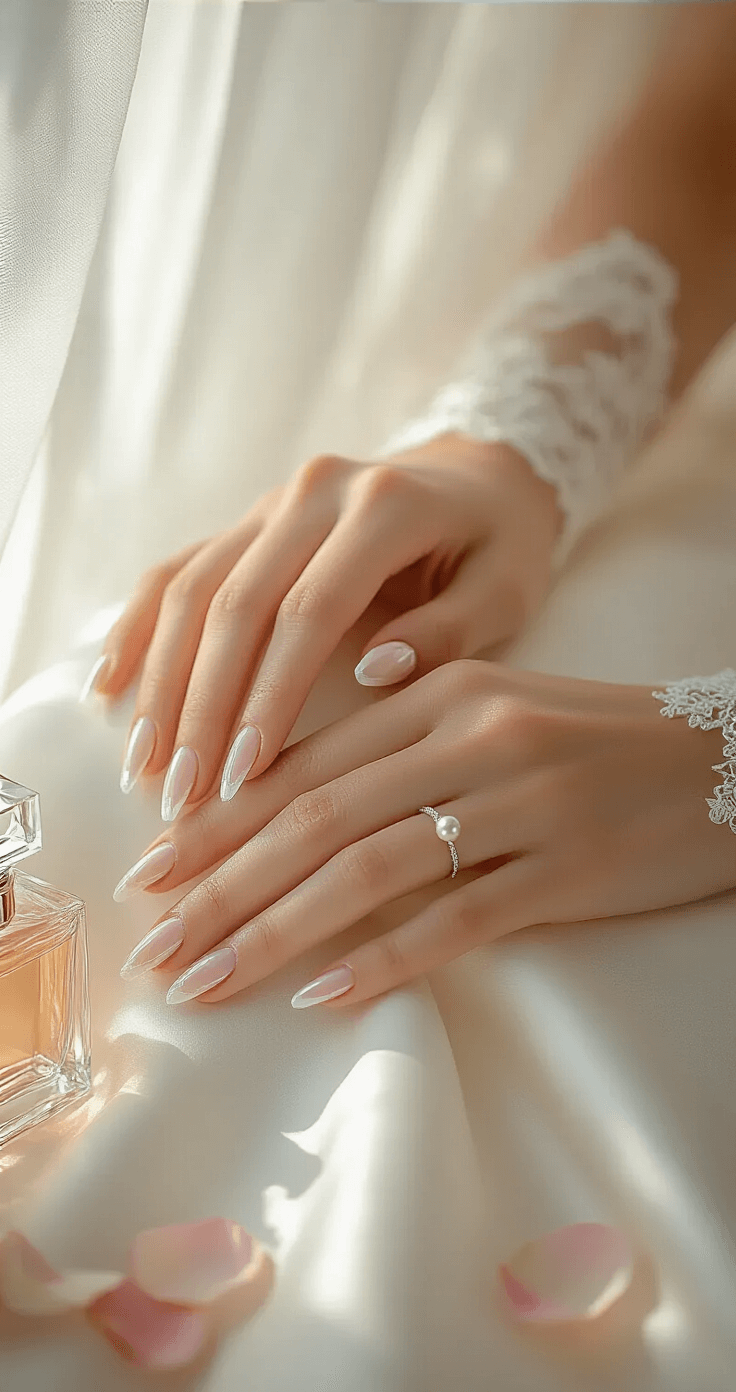 The Ultimate Guide to Stunning Wedding Day Nails: Trends, Tips, and Timeless Elegance Sunlit bridal suite with morning light filtering through sheer curtains, highlighting elegant hands with a classic French manicure against ivory silk fabric. Close-up details of pristine nails, a pearl ring, and delicate lace sleeve edges, complemented by a soft focus background of scattered rose petals and wedding accessories.