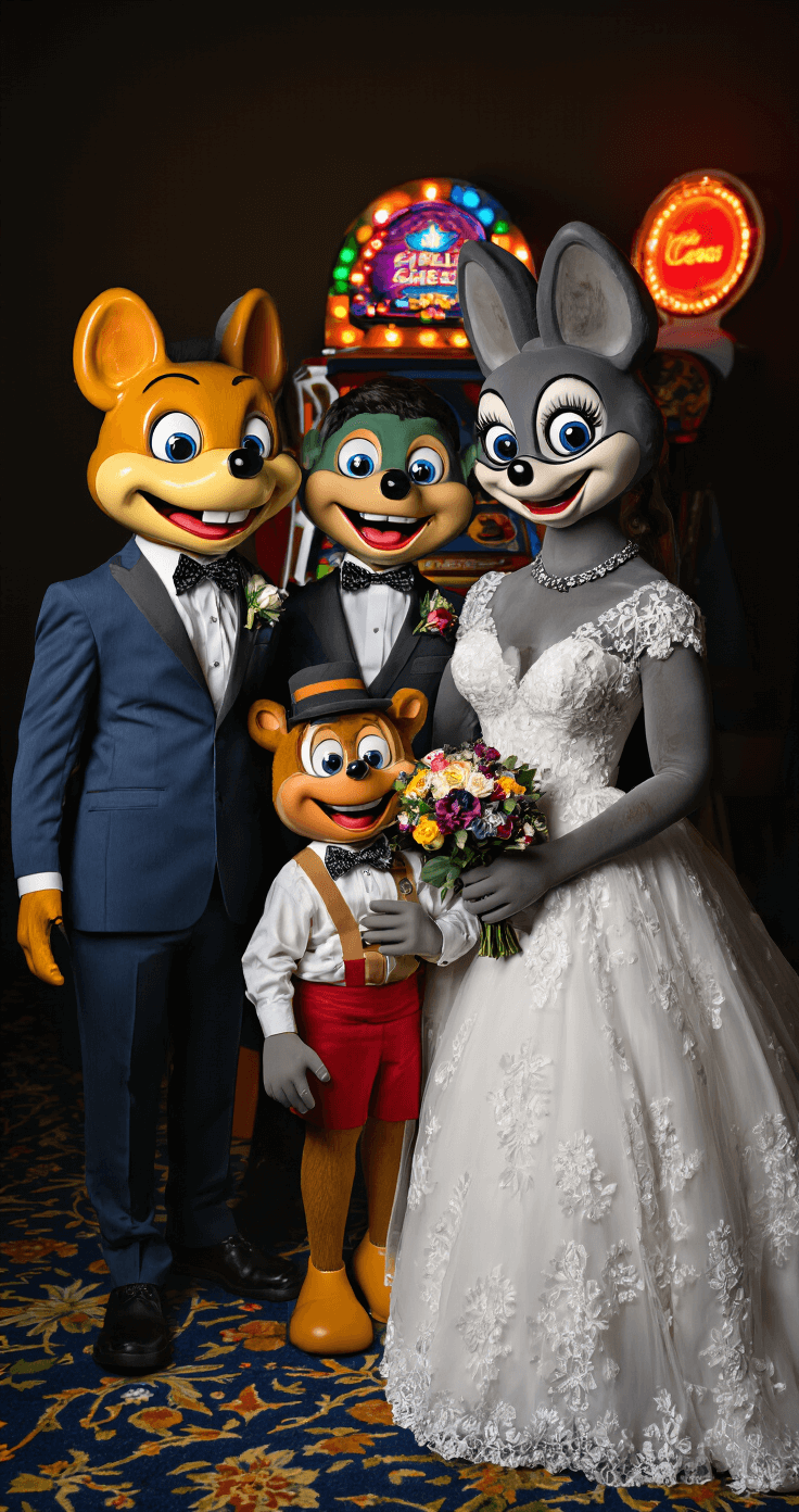Wedding party poses with Chuck E. Cheese animatronic characters in formal attire, dramatically lit against a dark background with colorful arcade carpet in the foreground.