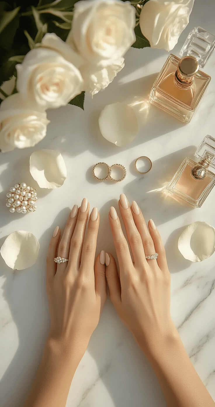 The Ultimate Guide to Stunning Wedding Day Nails: Trends, Tips, and Timeless Elegance A minimalist white marble vanity adorned with nude blush manicured hands, champagne-toned wedding rings, pearl hairpins, and vintage perfume bottles, set amidst scattered white rose petals, captured in soft golden hour light.
