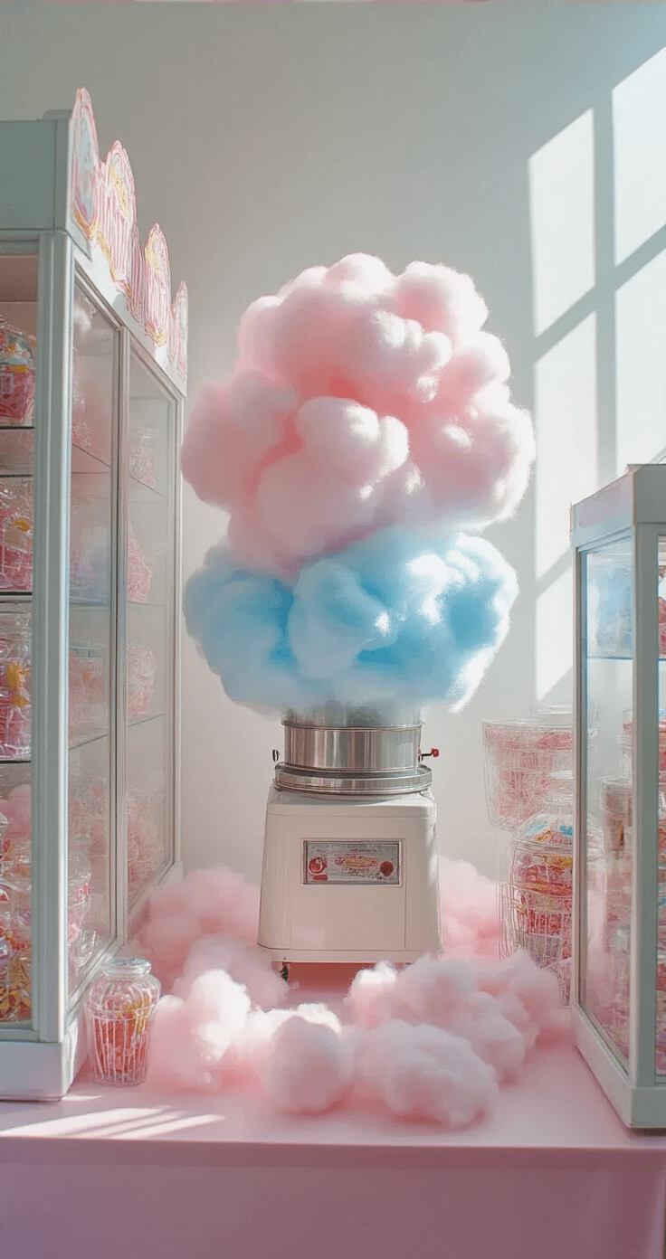 Documentary-style image of a cotton candy preparation station featuring a vintage machine producing pink and blue cotton candy, illuminated by morning light, with glass display cases of arcade prizes in the background.