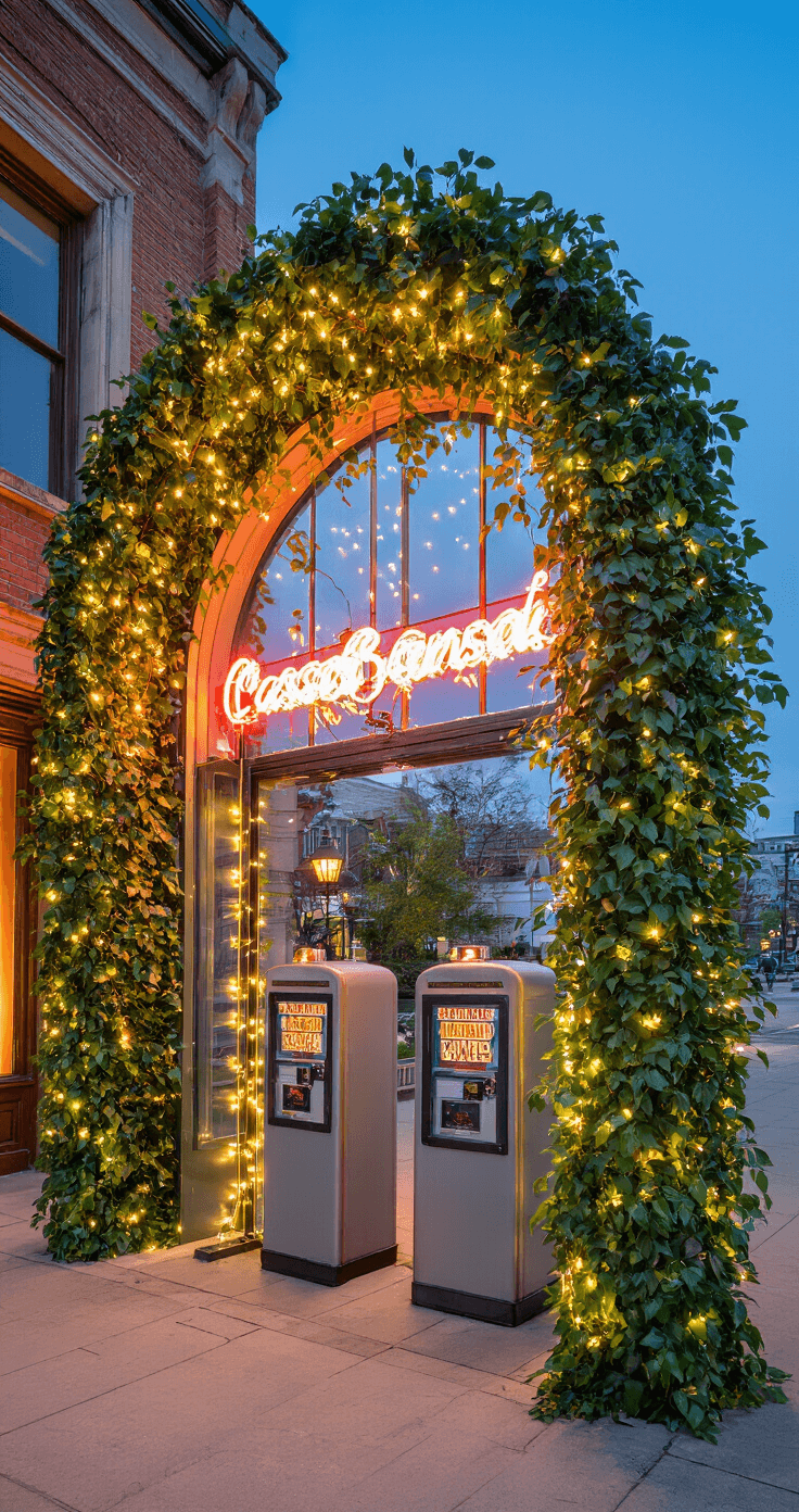 A dramatic architectural detail of an entrance arcade tunnel featuring token dispensers adorned with lush greenery and fairy lights, alongside a blend of vibrant neon and elegant wedding signage, illuminated by blue hour exterior light and warm interior lighting, captured with an ultra-wide lens that highlights leading lines and perspective.