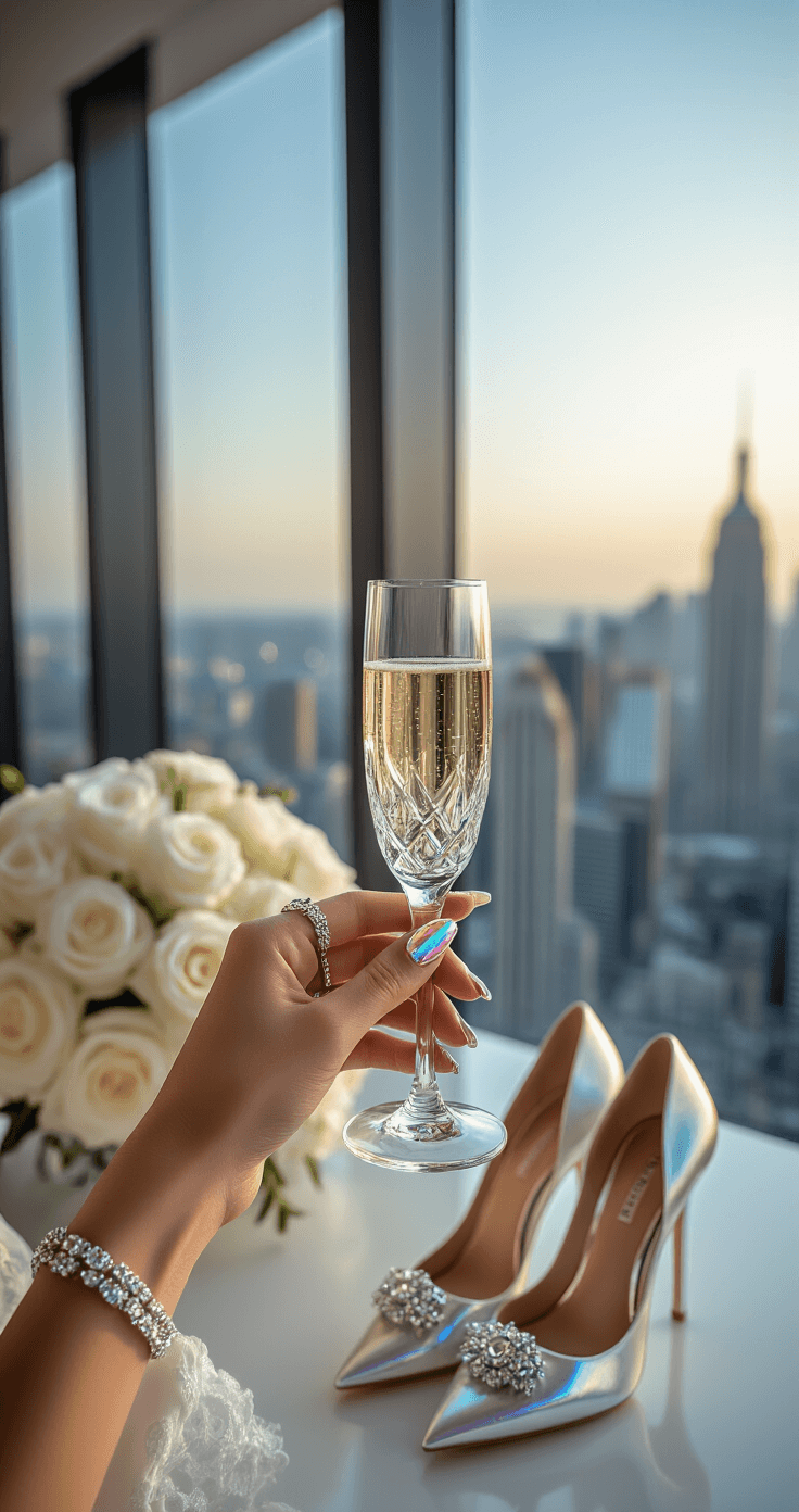 The Ultimate Guide to Stunning Wedding Day Nails: Trends, Tips, and Timeless Elegance A close-up of a bride's hands with iridescent chrome nails holding a crystal champagne flute in a modern penthouse dressing room with floor-to-ceiling windows and a cityscape backdrop, featuring designer wedding shoes, diamond jewelry, and a white bouquet in the background, illuminated by cool urban lighting and warm accents.