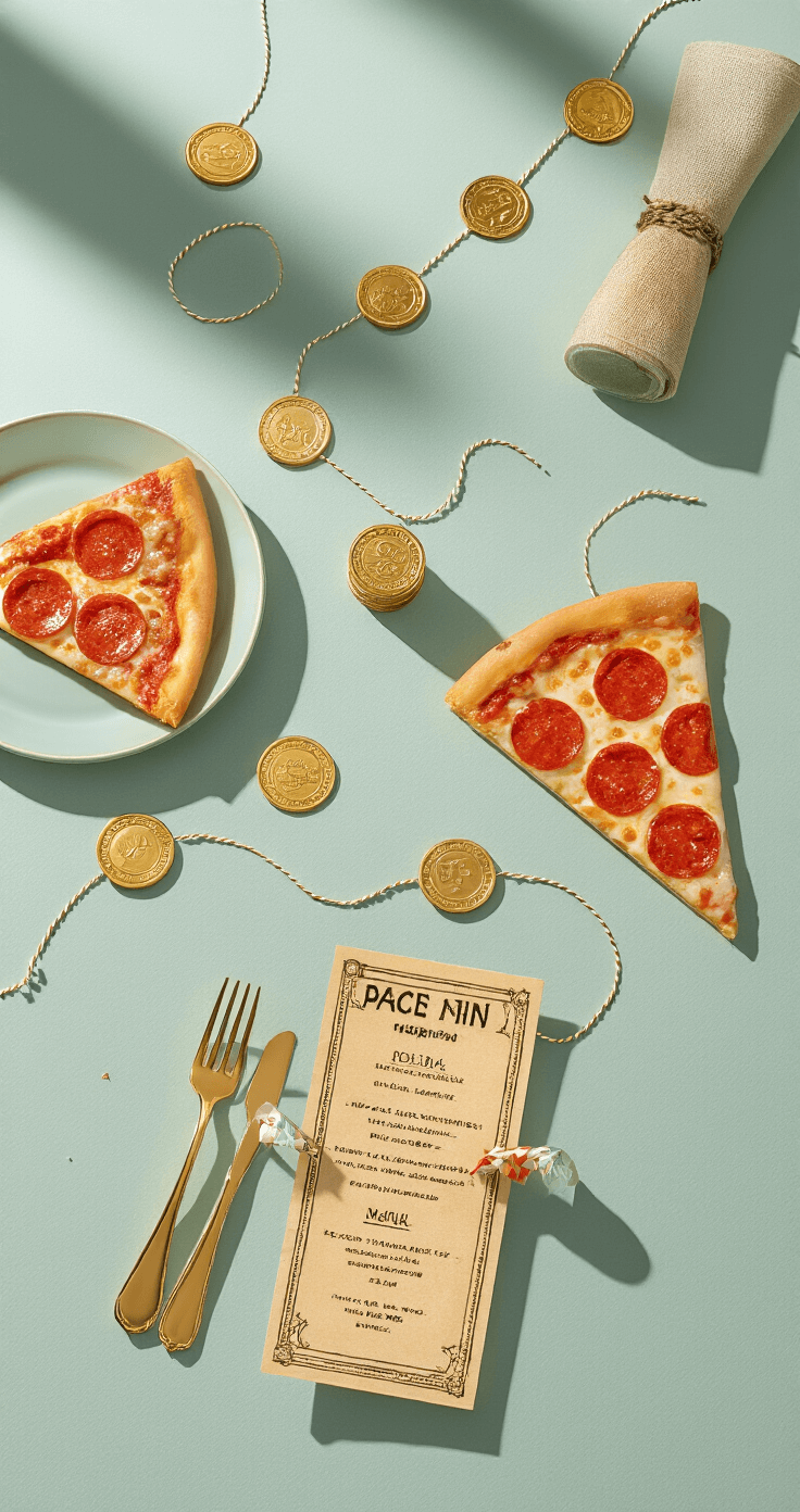 Editorial-style tabletop arrangement with golden tokens as place card holders, pizza-slice shaped menu cards, and arcade ticket garlands as napkin rings. Shot from above with soft box lighting, showcasing fine details and textures.