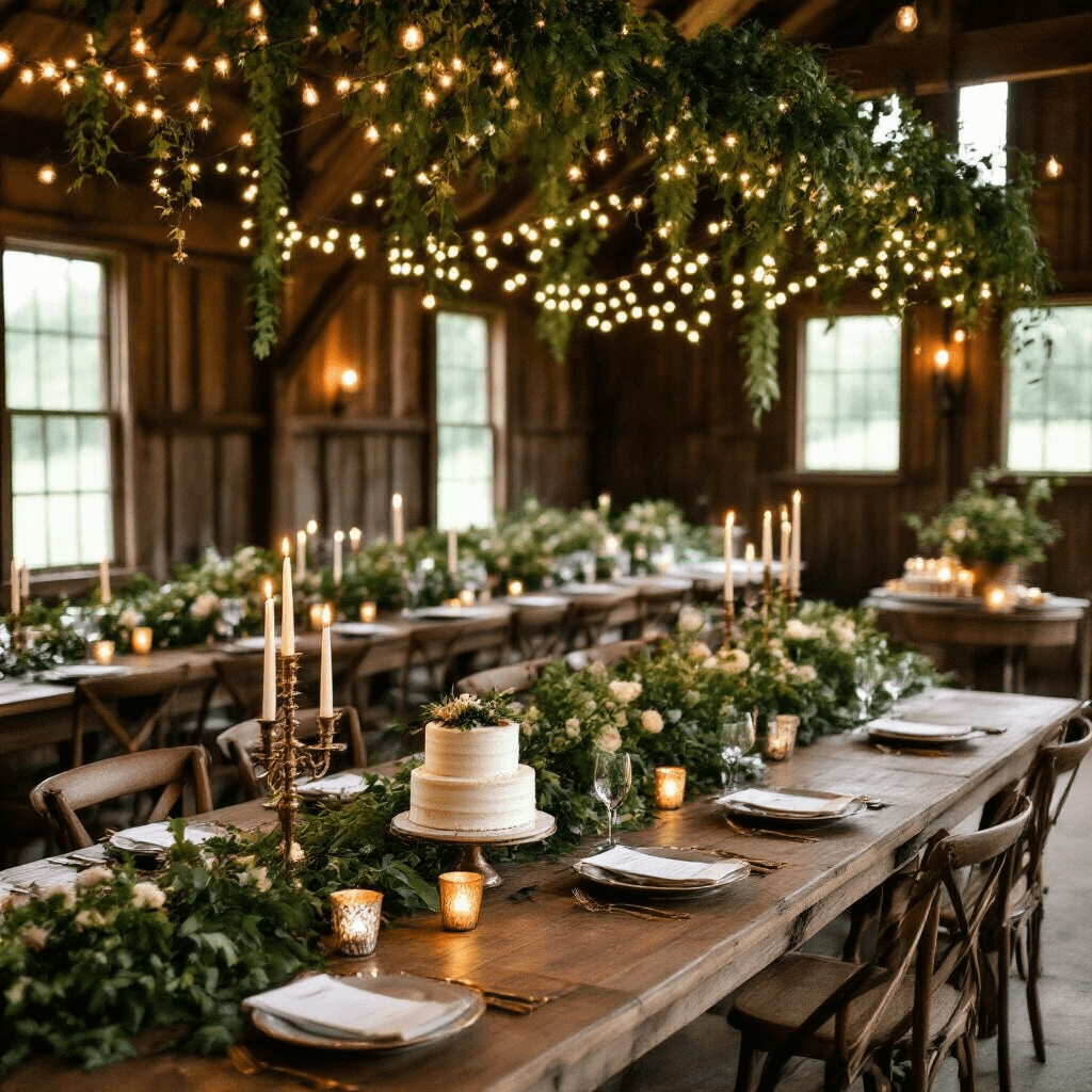 An elevated view of a rustic barn reception featuring long wooden tables decorated with greenery garlands, fairy lights, brass candelabras, and vintage place settings, all under a magical canopy of string lights and ivy; a dessert table with a naked cake and potted herbs adds to the cozy enchanted forest ambiance.