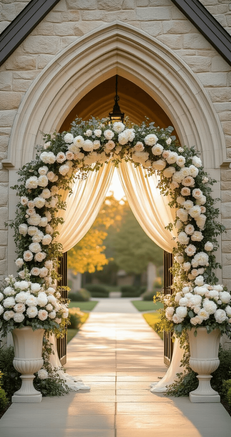 A sunlit Gothic church entrance framed by oversized cream urns filled with white peonies and blush roses, featuring a floral arch with ivory chiffon draping, shot from a low angle with ethereal backlight and soft floral textures against neutral stone.