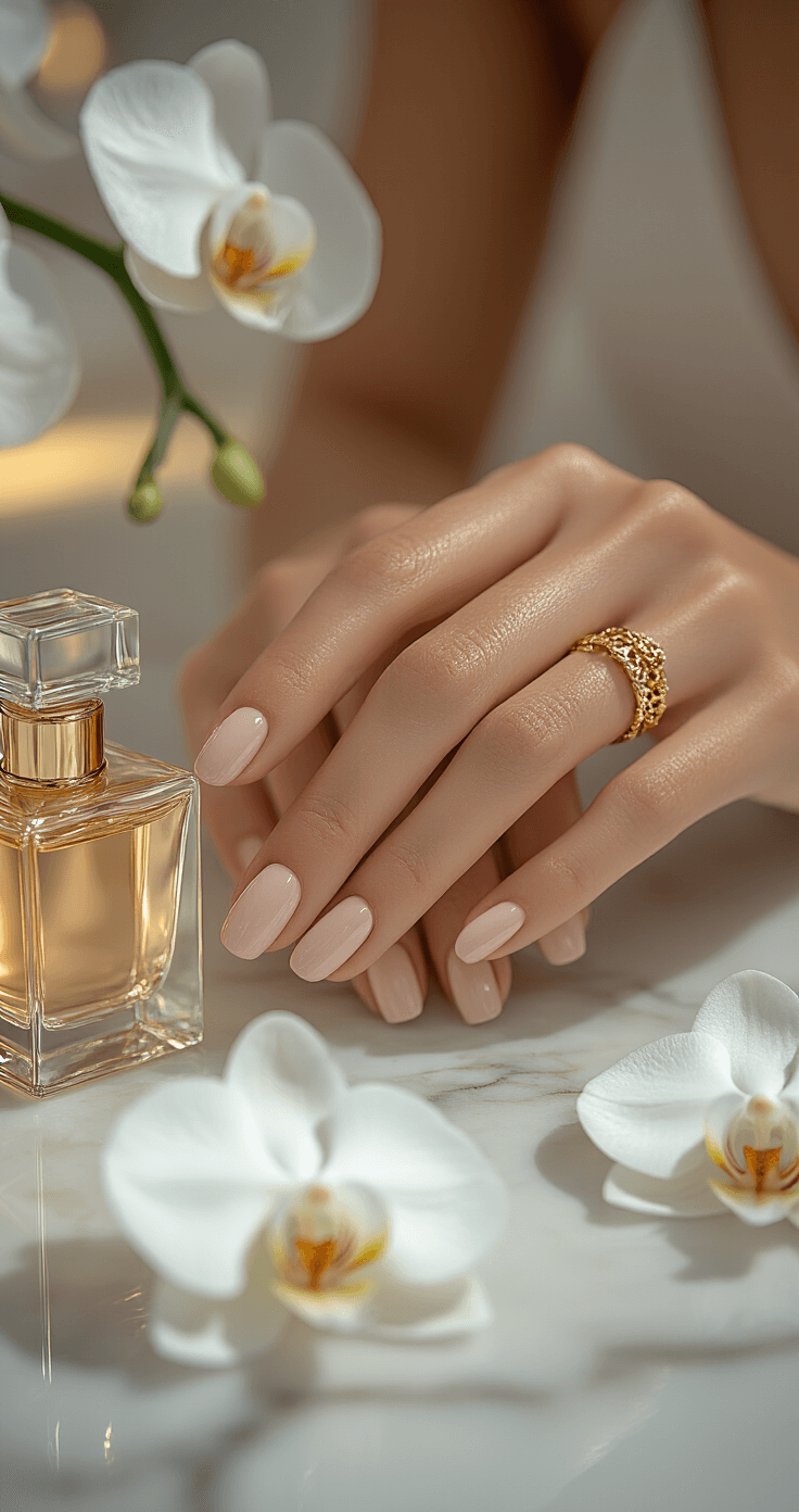 The Ultimate Guide to Stunning Wedding Day Nails: Trends, Tips, and Timeless Elegance Close-up of hands with velvet-finish nude nails resting on white marble in a luxury hotel suite bathroom, adorned with elegant gold jewelry, designer perfume bottles, and white orchids, with dramatic side lighting emphasizing nail texture.