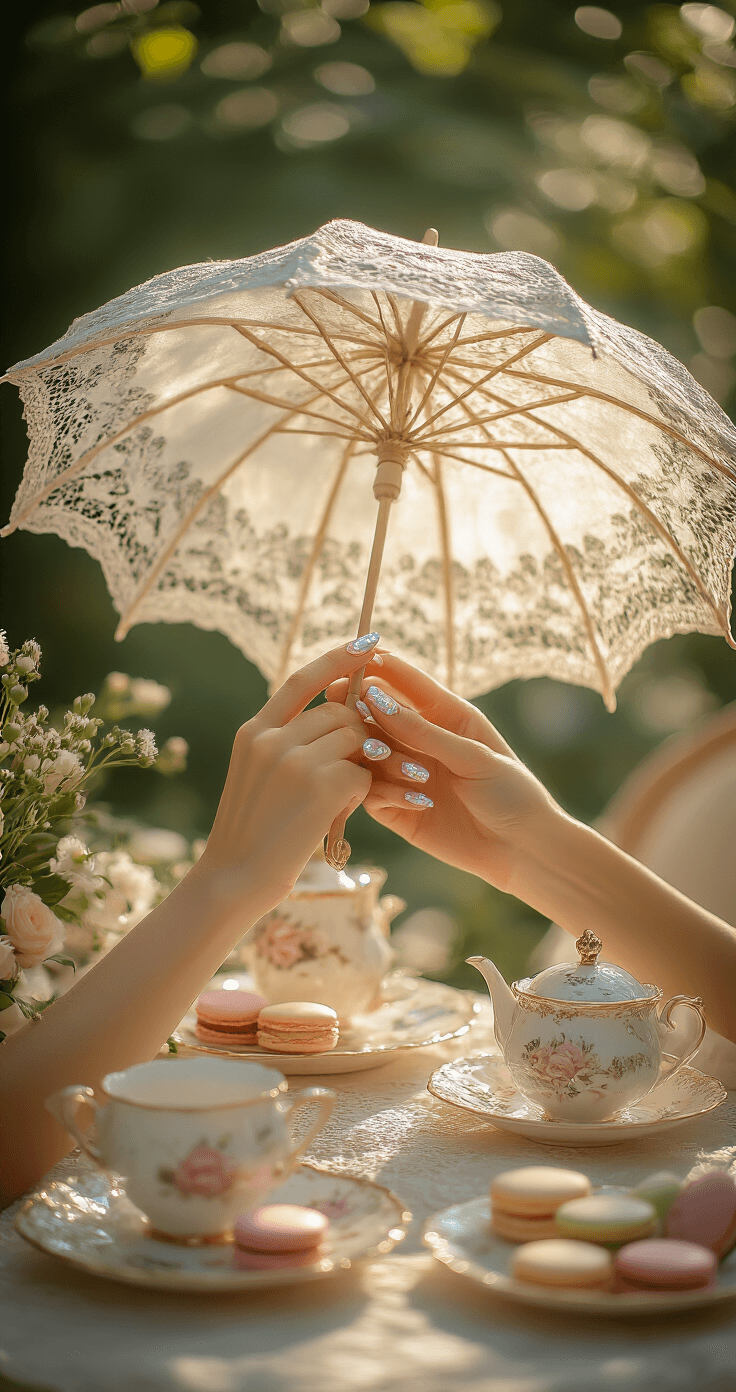 The Ultimate Guide to Stunning Wedding Day Nails: Trends, Tips, and Timeless Elegance A bride's hands delicately hold a vintage lace parasol, adorned with glass-like finish nails featuring subtle holographic effects, surrounded by a whimsical garden terrace filled with botanical elements, an antique tea set, and pastel macarons, all illuminated by dappled late afternoon sunlight.
