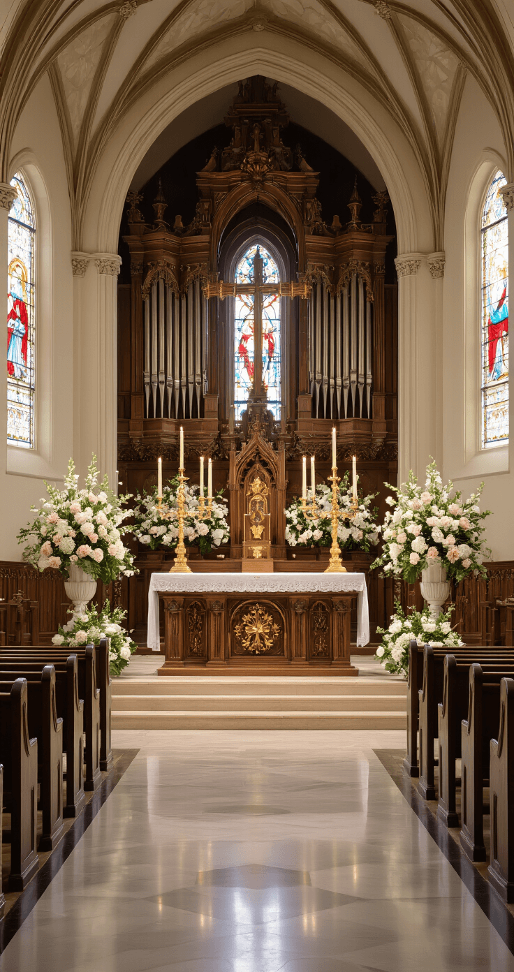 A majestic church altar viewed from the center aisle, featuring large white and blush floral arrangements, tall gold candelabras, and vibrant stained glass windows, all illuminated by natural light.