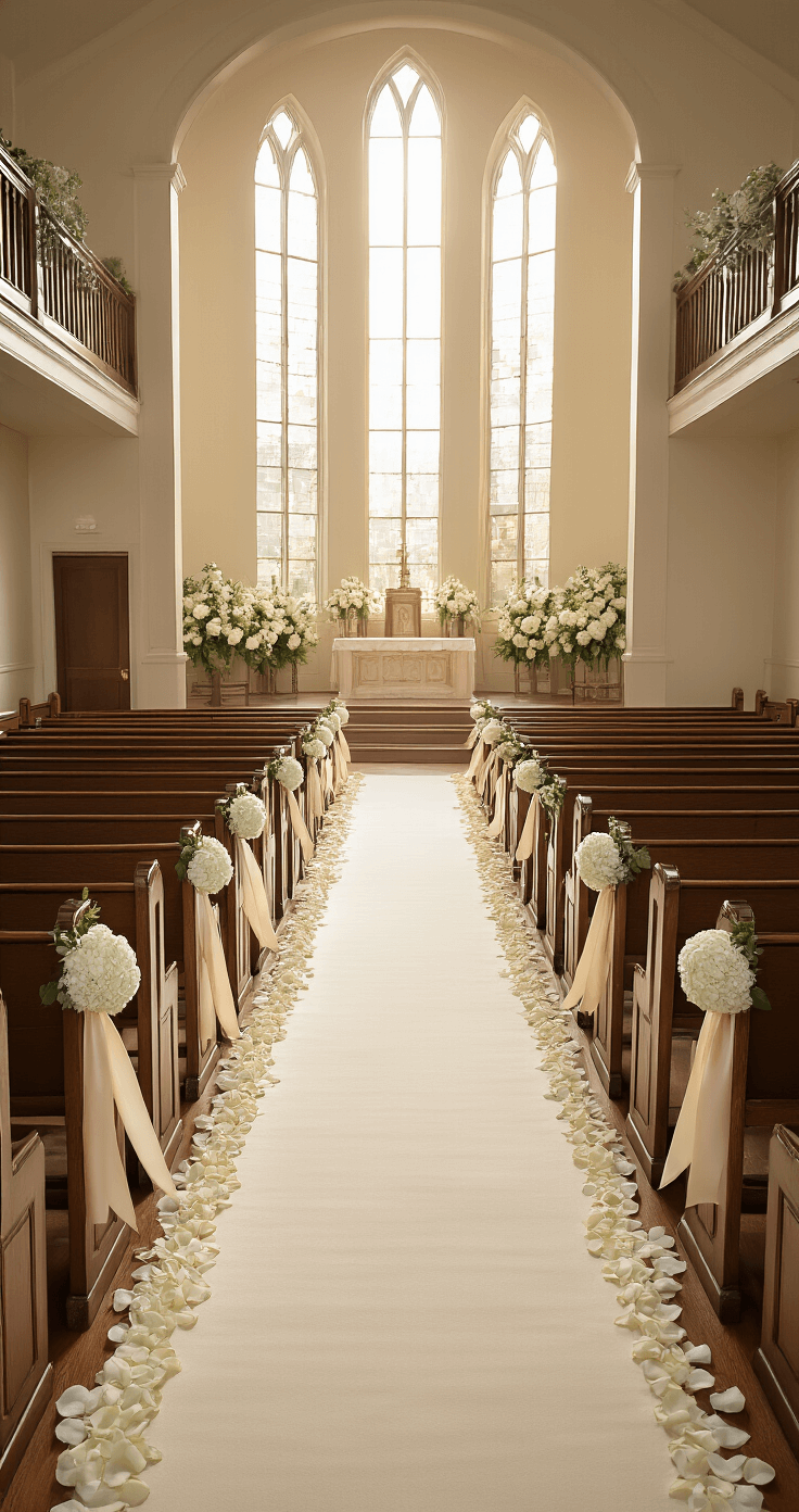 Wide-angle view down a 50-foot church aisle from an elevated choir loft, featuring vintage wooden pews decorated with white hydrangea clusters and champagne silk ribbons, ivory rose petals scattered on a cream aisle runner, and morning light streaming through the windows.