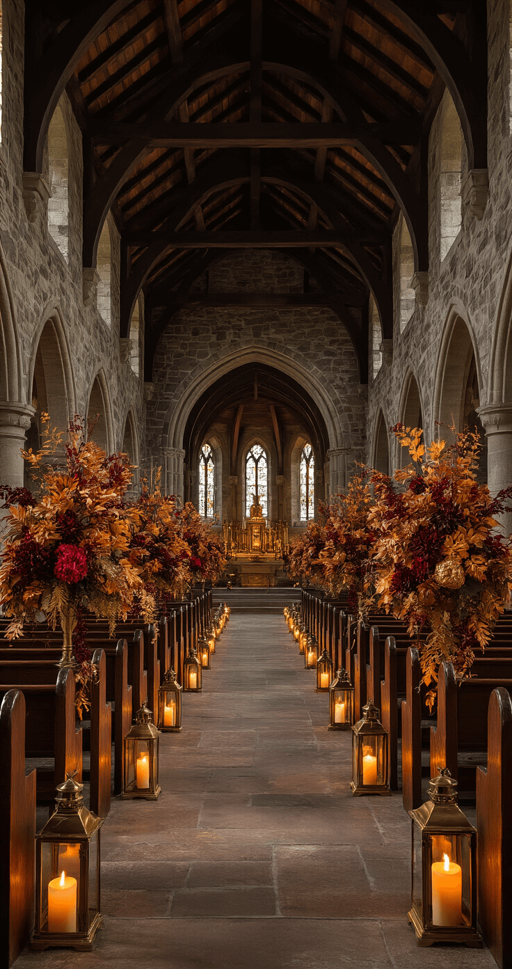 A cozy medieval church interior adorned with rich burgundy, copper, and gold autumn foliage, illuminated by brass lanterns and amber candles, capturing a moody ambiance during blue hour.