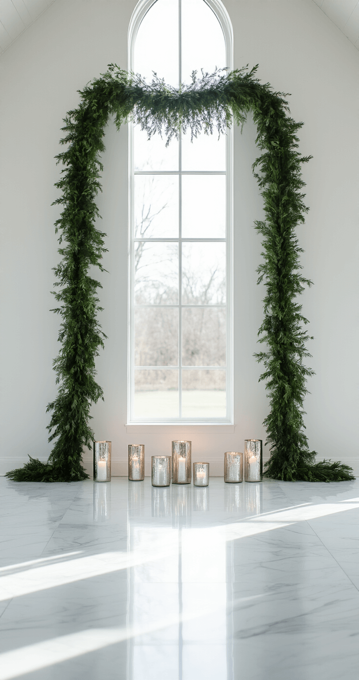 Minimalist winter church interior with 30-foot white walls, a single greenery garland on the altar, silver mercury glass candle holders, and white marble floors reflecting afternoon light.