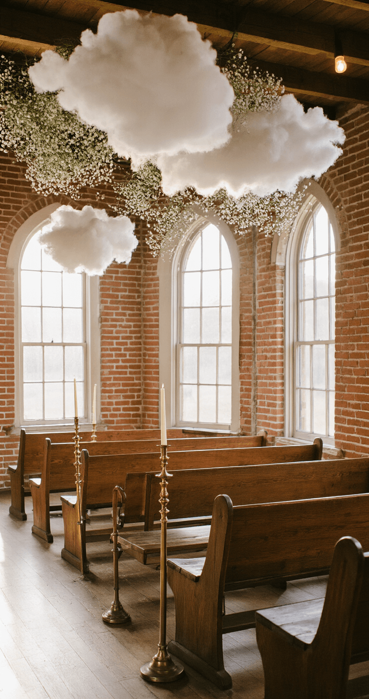 A cozy 20-person chapel featuring exposed brick walls, delicate baby's breath clouds above wooden pews, and vintage brass candlesticks with ivory tapers on the windowsills, illuminated by golden hour side-lighting through arched windows.