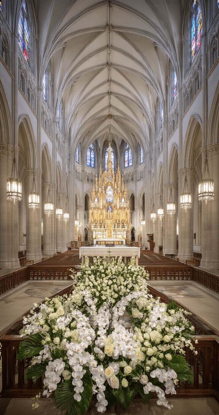Interior of a grand cathedral featuring a 60-foot vaulted ceiling, adorned with floral installations of white orchids and roses framing an ornate altar, bathed in morning light from clerestory windows, with crystal chandeliers casting prismatic patterns.