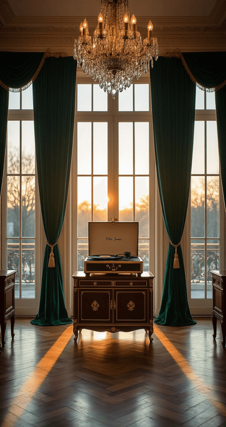 A grand ballroom at dusk featuring a polished parquet floor and ornate crown molding, with golden hour light streaming through floor-to-ceiling windows. A vintage record player on an art deco sideboard plays Etta James vinyl, framed by velvet emerald curtains. The scene includes dimmed crystal chandeliers, dark mahogany furnishings with brass accents, and a soft focus bokeh effect in the background, shot from eye level.