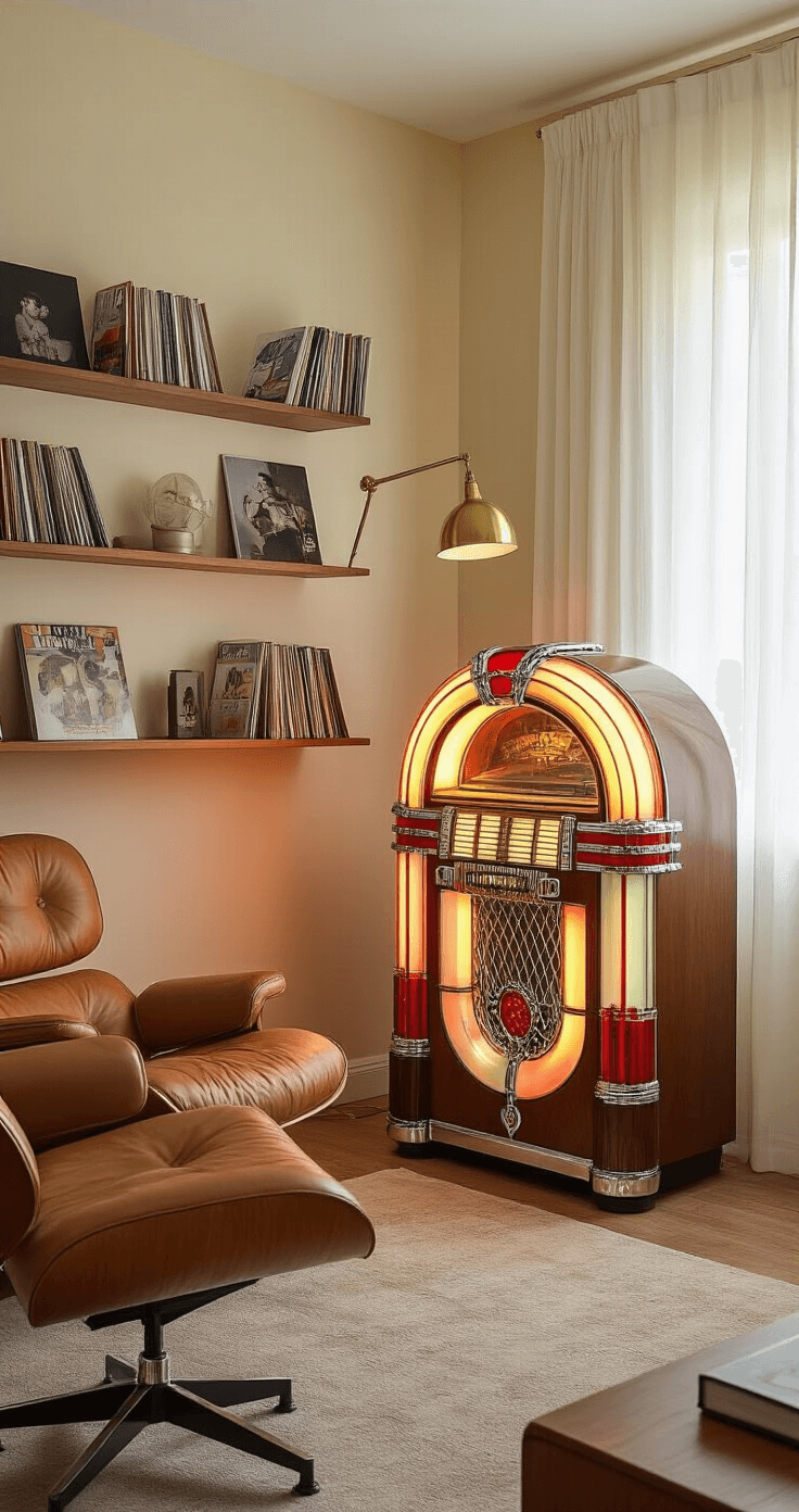A cozy 1950s-inspired music room with warm cream walls, featuring a glowing Wurlitzer jukebox, mid-century modern furniture, and vinyl records displayed on floating shelves, all bathed in natural light from sheer curtains.
