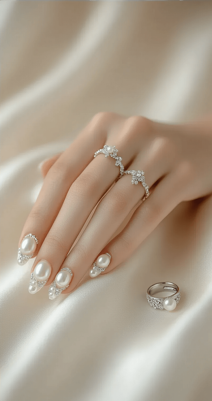 Ultra-close macro shot of elegantly posed bridal nails adorned with tiny pearls, crystals, and silver chains against a cream silk background, highlighting wedding rings and delicate jewelry with soft diffused lighting in a modern minimalist bridal salon.