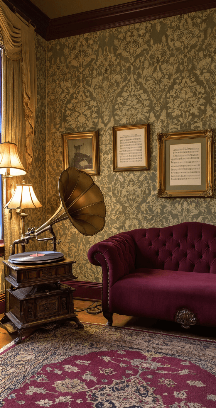 A cozy vintage listening nook in a converted Victorian parlor featuring a deep burgundy Chesterfield sofa, an antique gramophone on a carved wooden stand, and heavy damask wallpaper, all illuminated by warm table lamps in the early evening.