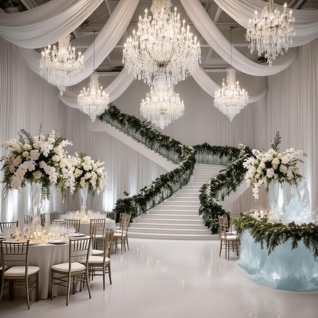 A luxurious winter wedding ballroom featuring crystal chandeliers, flowing white fabric, and silver accents; tables adorned with tall white orchid centerpieces, pine branches, and garlands; a grand staircase wrapped in greenery leading to an ice sculpture bar, all in a color palette of whites, silvers, and deep emerald green.