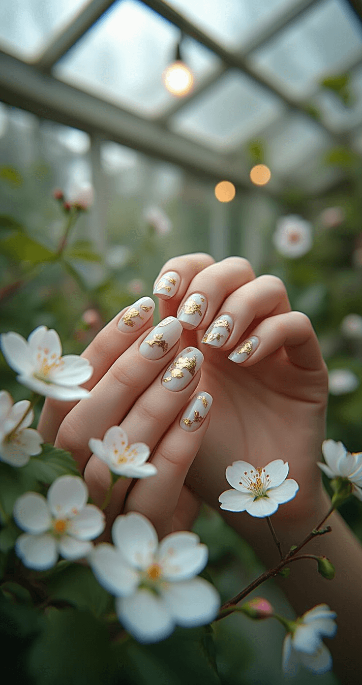 Extreme close-up of hand-painted floral nail art adorned with delicate cherry blossoms and gold leaf accents, surrounded by fresh flowers that complement the design in a light-filled conservatory, captured in natural diffused lighting during magic hour.
