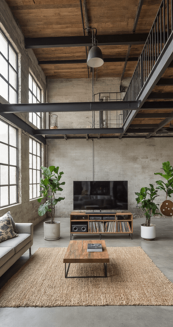 Modern open-concept living space with industrial beams, late morning light, minimalist entertainment center, concrete floors with rugs, mixed metals and woods, and fiddle leaf fig plants, captured from an elevated perspective using a 16mm ultra-wide angle lens.