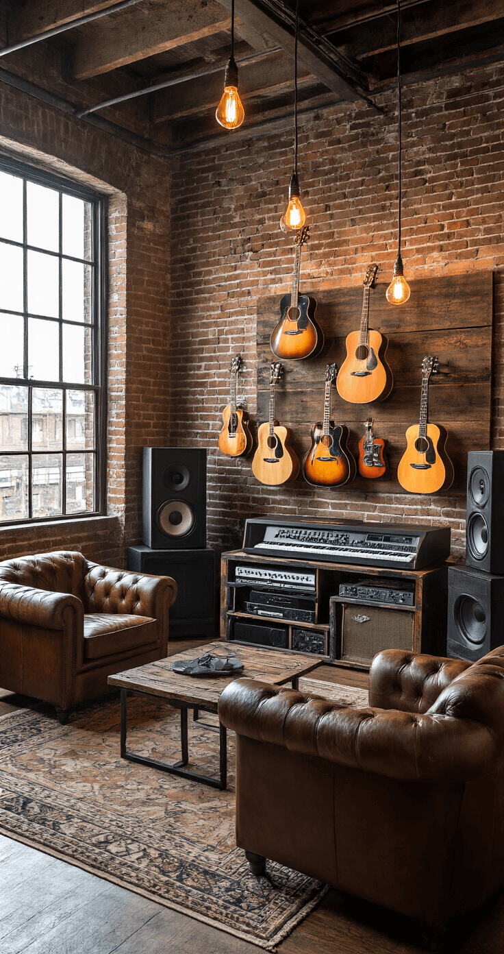 A rustic-modern music studio capturing golden hour light through factory-style windows, featuring exposed brick walls, a vintage guitar collection displayed on a reclaimed wood wall, and a modern sound system integrated with antique furniture. Industrial pendant lights with Edison bulbs illuminate leather club chairs and metallic accents, showcasing dramatic side lighting that emphasizes texture.