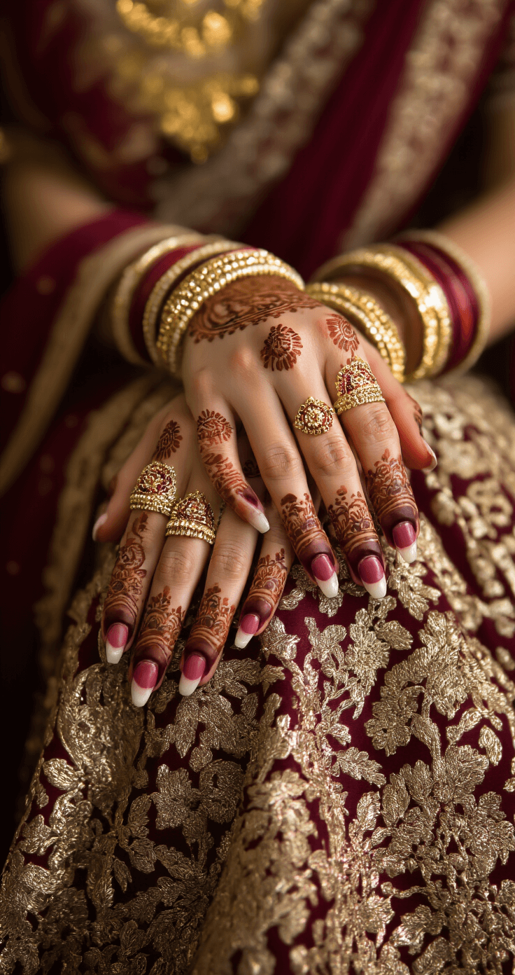 Intricate henna-inspired nail art with metallic gold patterns on a deep burgundy base, complemented by traditional bangles and rings, set against rich textiles in warm colors, illuminated by dramatic side lighting to highlight design details.