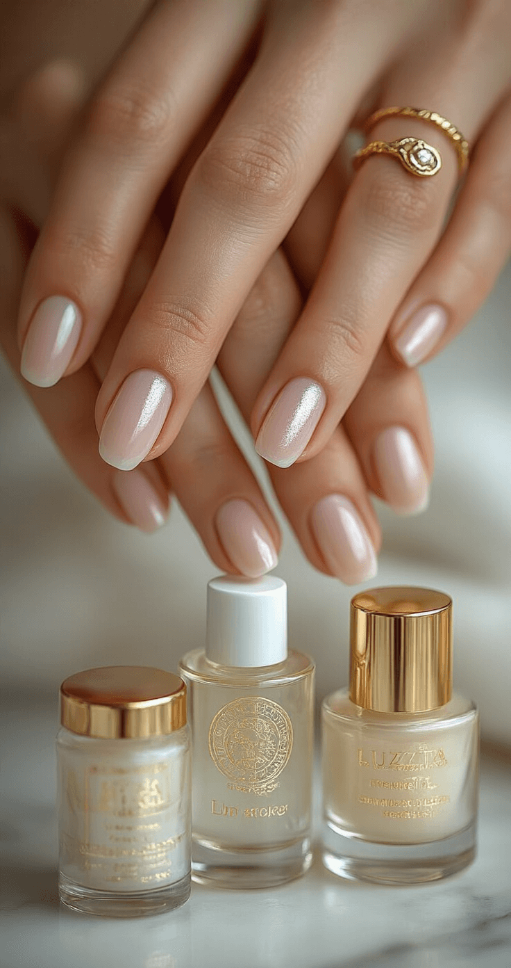 A luxurious spa setting featuring a bride’s nail care routine, showcasing elegantly arranged essential products and a close-up of perfectly groomed natural nails with subtle shimmer, alongside crystal bottles of cuticle oil, all captured in soft, even lighting.