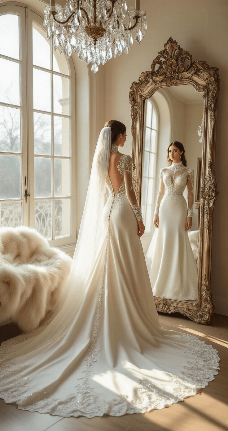 A bride in an ornate full-length mirror, wearing a long-sleeve ivory silk mikado gown with pearl beading and a cathedral-length veil, stands in a bright bridal suite filled with soft winter morning light.