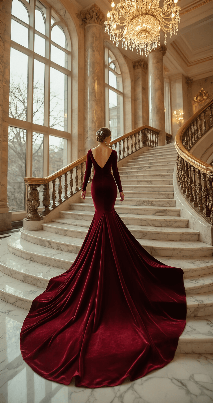Bride in a fitted burgundy velvet wedding gown ascends a grand marble staircase in an elegant hotel lobby, with snowflakes visible through towering windows and warm light catching her diamond drop earrings.