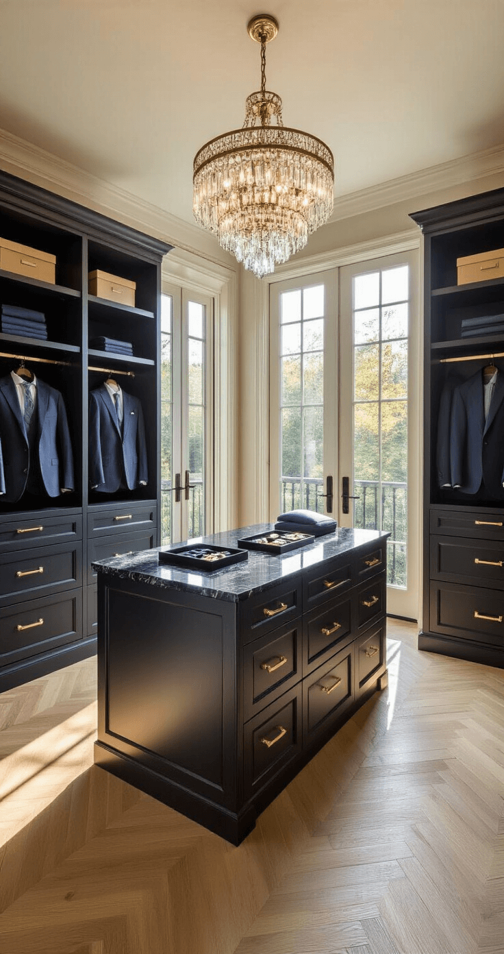 Luxury walk-in closet featuring herringbone oak floors, floor-to-ceiling windows illuminating a central island with black marble displaying cufflinks and pocket squares. Matte charcoal built-in wardrobes showcase tailored suits, while a crystal chandelier casts warm light. The image captures organized accessories and a full-length mirror, all in a color palette of charcoal, navy, brass, and cream.