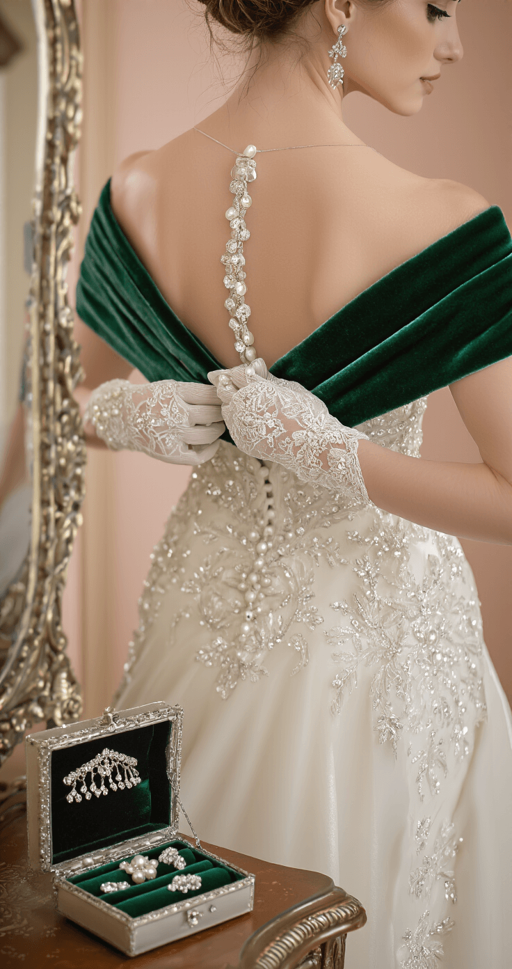 Intimate bridal boutique dressing room with vintage decor; bride's hands in white lace gloves adjusting emerald green velvet wrap over an ivory gown, antique mirror reflecting intricate details, nearby silver jewelry box with pearl accessories, soft window light enhancing textures.