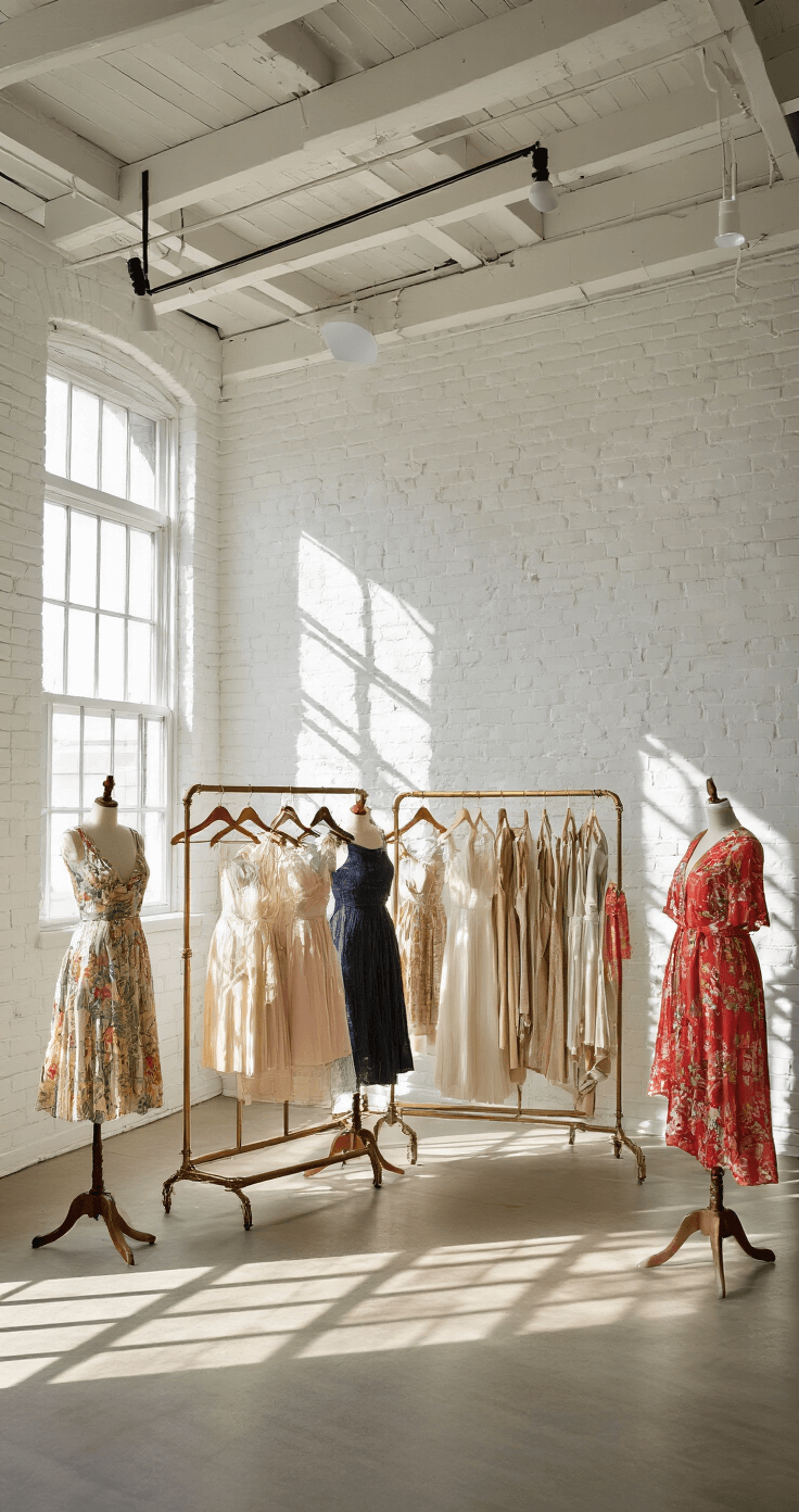 A stylish seasonal wardrobe display in a converted loft with whitewashed brick walls and timber beams, showcasing four cocktail attire vignettes on mannequins, arranged with antique brass racks in geometric patterns, illuminated by morning light and strategic spotlights, featuring a vibrant color palette transitioning from summer brights to winter jewel tones.