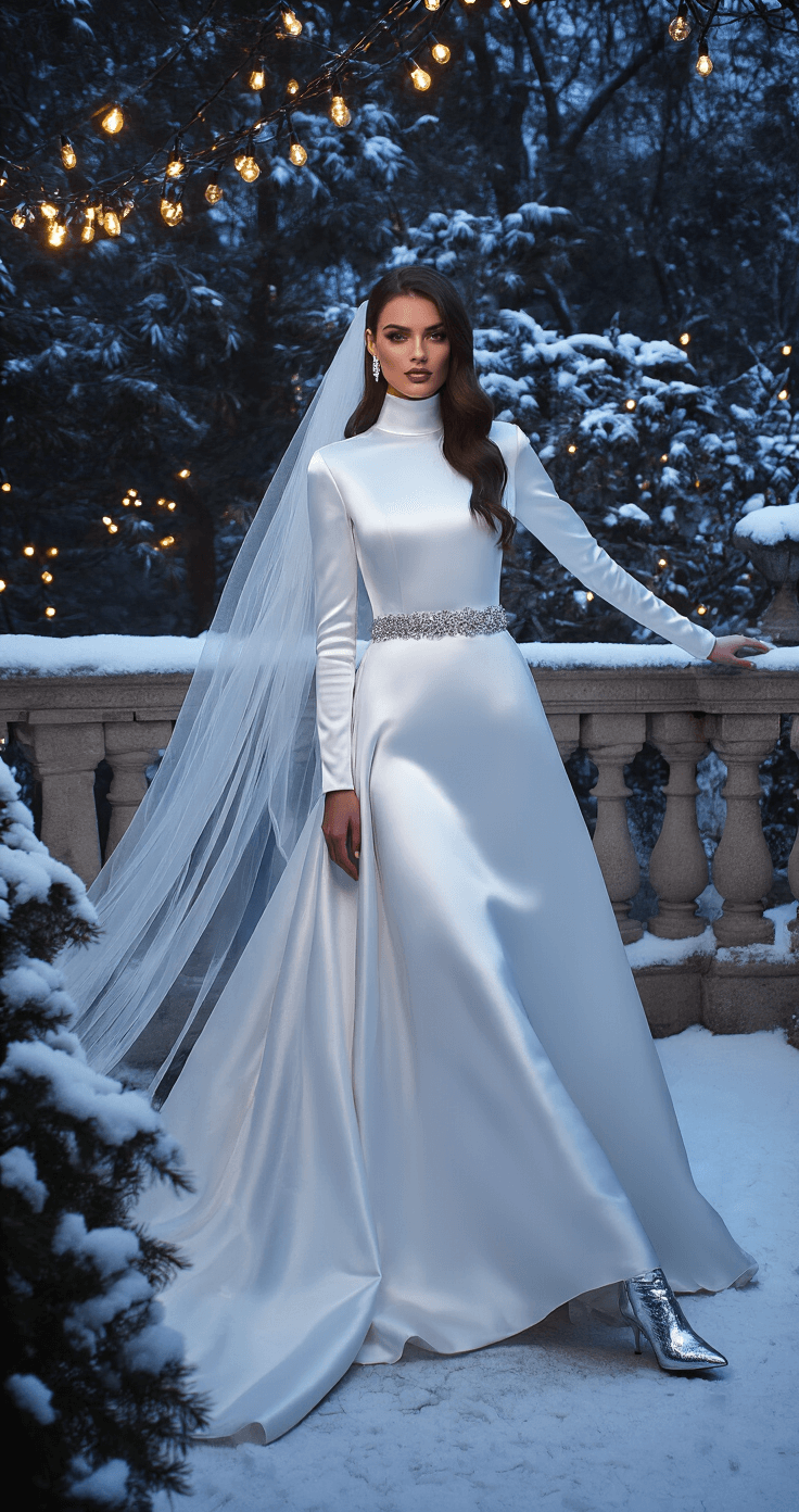 A bride in a sleek white satin gown with long fitted sleeves poses beside a stone balustrade on a snow-covered garden terrace at dusk, illuminated by twinkling string lights. Her crystal-encrusted belt sparkles, and silver Jimmy Choo boots peek out from beneath the gown's hem. A dramatic cathedral veil billows gently in the breeze, set against the cool blue hour lighting combined with warm artificial lights.