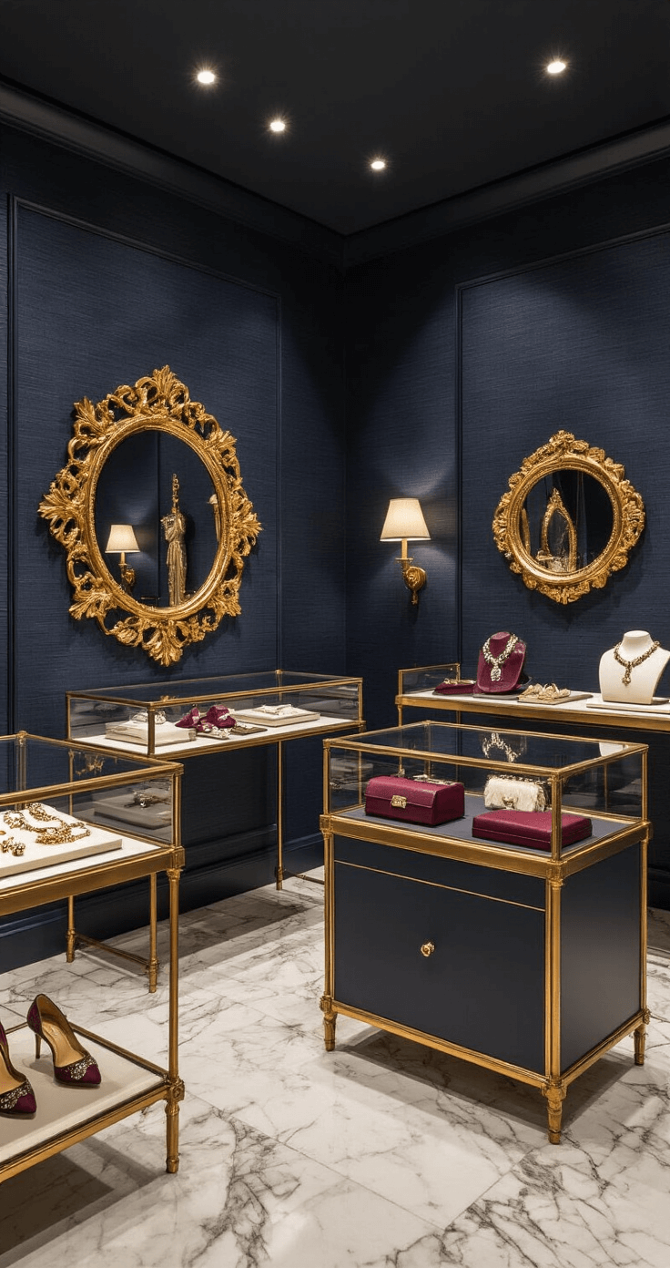 A luxurious display room featuring dark navy grasscloth walls and marble flooring, showcasing curated designer accessories under dusk lighting with strategic LED spots. Custom glass cases present jewelry, shoes, and clutches in a museum-like arrangement, while an antique gold-leaf mirror reflects crystalline lighting, emphasizing the height and elegance of the space. The color palette includes navy, gold, crystal, and burgundy, enhanced by dramatic spot lighting and soft ambient fill.