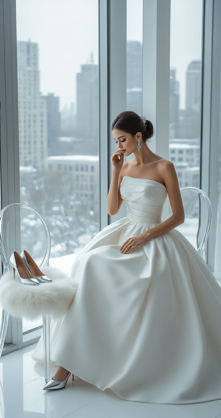 A bride in a structured ivory mikado ballgown adjusts her sapphire and diamond drop earrings in a modern minimalist bridal suite with floor-to-ceiling windows showcasing a snowy cityscape. Silver metallic pumps and a white fur muff are elegantly arranged on a ghost chair, with the clean lines and monochromatic palette enhanced by natural light.