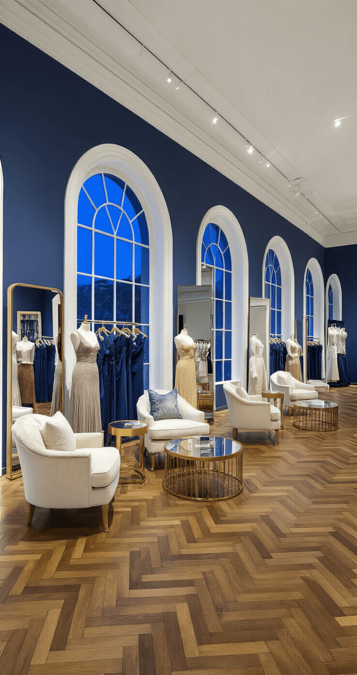 A grand evening wear salon featuring arched windows and parquet flooring, illuminated in twilight blue lighting. The room showcases multiple seating areas with cream velvet chairs and brass accent tables, along with curved racks displaying elegant evening wear. Mannequins, draped fabrics, and mirrors enhance the sophisticated atmosphere, complemented by a color palette of midnight blue, cream, gold, and silver.