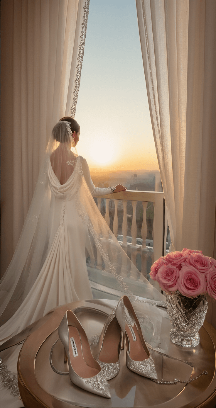 Luxury hotel suite at sunrise with a bride preparing by the window, dressed in an off-white silk gown with a dramatic cowl back and long sleeves. Her cathedral veil sparkles in the morning light as she stands near a vanity featuring silver embroidered Manolo Blahnik pumps and a diamond tennis bracelet. Soft pink roses in a crystal vase enhance the scene's elegance, captured through sheer curtains for a dreamy effect.