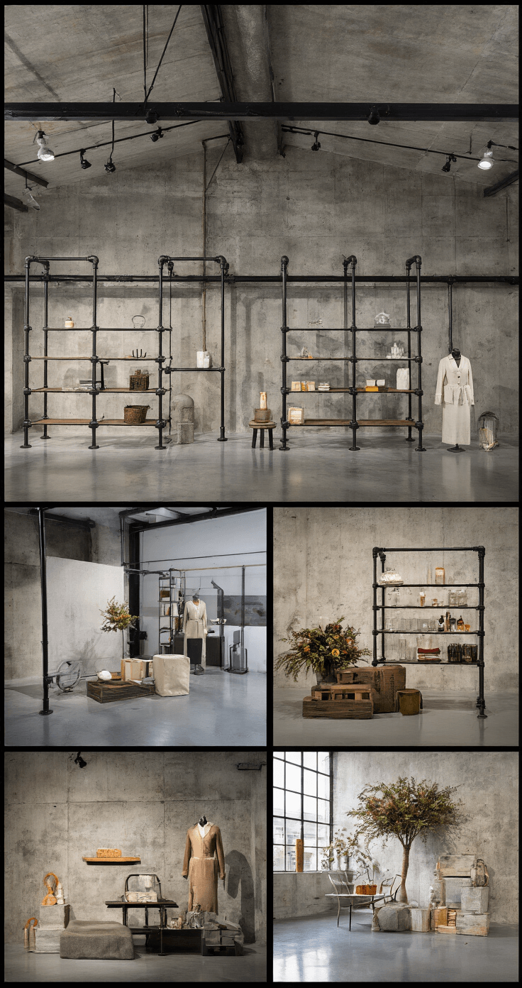 A bird's eye view of an 18x24ft industrial gallery space showcasing seasonal cocktail attire transitions, featuring concrete walls and glossy epoxy floors. The layout includes four distinct zones with gradient color arrangements and texture groupings, displayed on matte black industrial pipe racks. Soft midday light filters through frosted skylights, highlighting transitional colors from each season with subtle directional accents.
