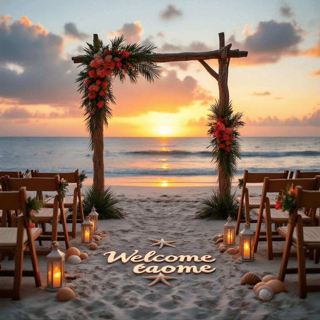 A scenic beachfront sunset ceremony featuring a driftwood arch decorated with tropical greenery and bougainvillea, surrounded by bamboo chairs adorned with seashells, tiki torches, and lanterns, set against a vibrant orange and purple sky, with a seashell-encrusted welcome sign in the foreground.