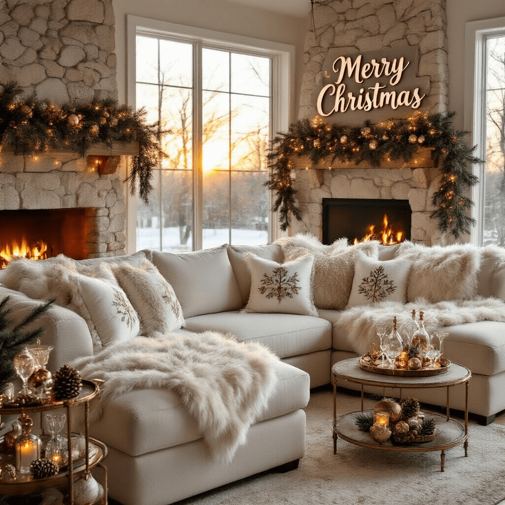A cozy living room illuminated by warm winter sunset light, featuring a cream sectional with faux fur throws, a rustic stone fireplace adorned with a festive pine garland and a 'Merry Christmas' sign, alongside a sparkling bar cart with crystal decanters and vintage ornaments.