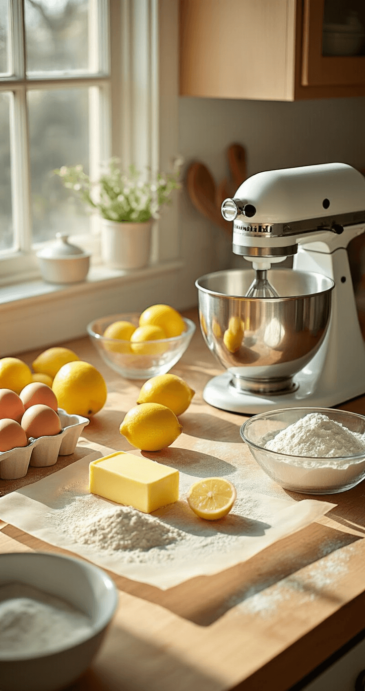 A sunlit kitchen counter adorned with neatly arranged baking ingredients for lemon cake: soft golden butter, fresh eggs, vibrant lemons, and sifted flour, complemented by a stand mixer and measuring tools, all creating an inviting artisanal atmosphere.
