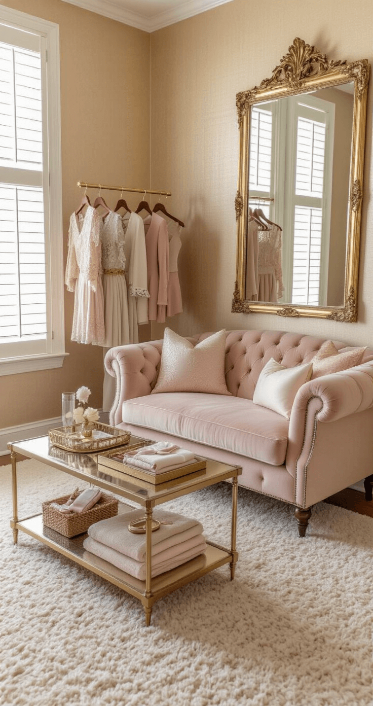 Intimate cocktail attire consulting suite featuring blush velvet chesterfield sofa, champagne silk wallcovering, vintage brass clothing rack with curated pieces, and soft golden lighting streaming through plantation shutters.